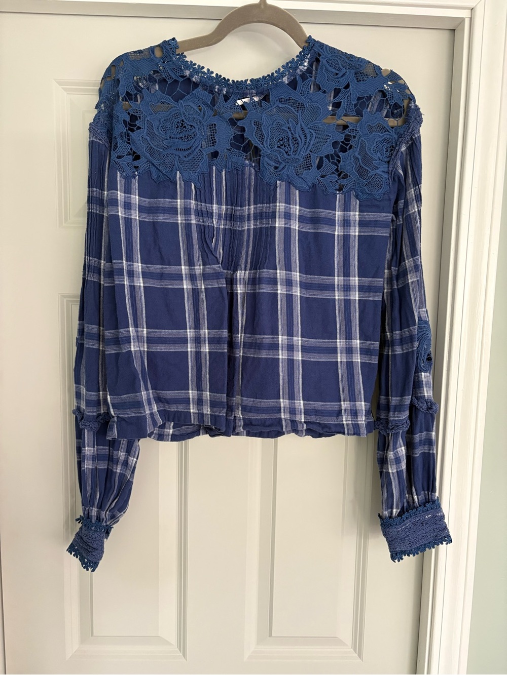 Free People Blue Plaid Lace-Yoke Long Sleeve Blouse